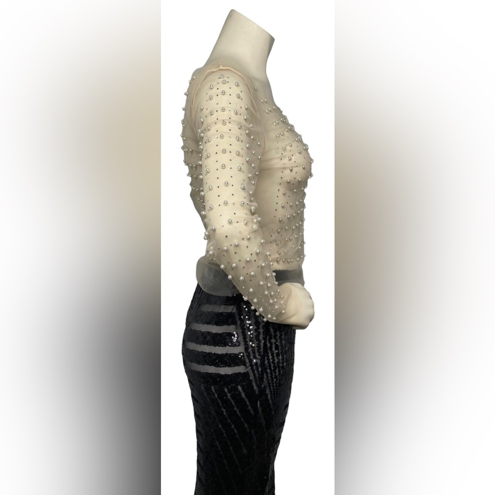 FASHION CLASSIC COLLECTION Nude Sheer Mesh See Through Pearl Diamond Crop Top, L - Picture 11 of 16